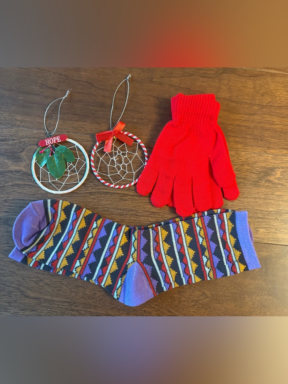 New Gift Set of Ornaments, Crew Socks, Red Gloves